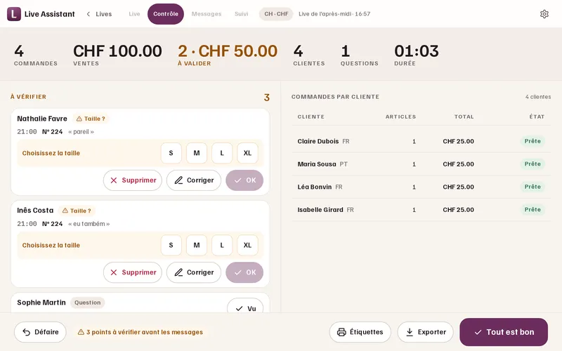 Écran de contrôle après le live : les commandes groupées par cliente.